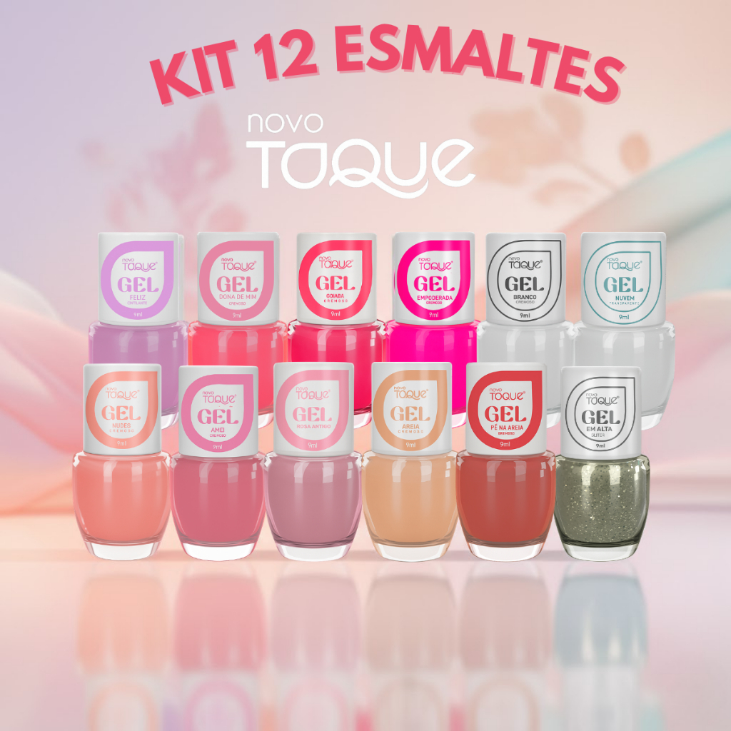Kit 12 Esmaltes Novo Toque Efeito em Gel Clarinhos Mais Vendidos Francesinha Atacado Rosas