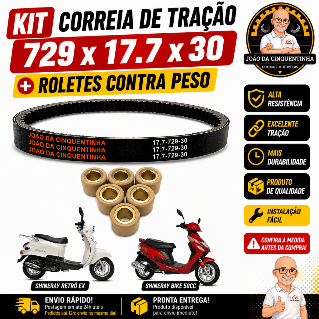 Correia De Tração 729X17.7X30 + Roletes contra peso Shineray Bike 50cc Shineray Retrô EX 50cc