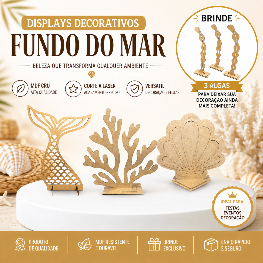 Kit Painel Festa Fundo do Mar MDF Alga Concha Cauda Sereia + 3 Algas Brinde Decoração