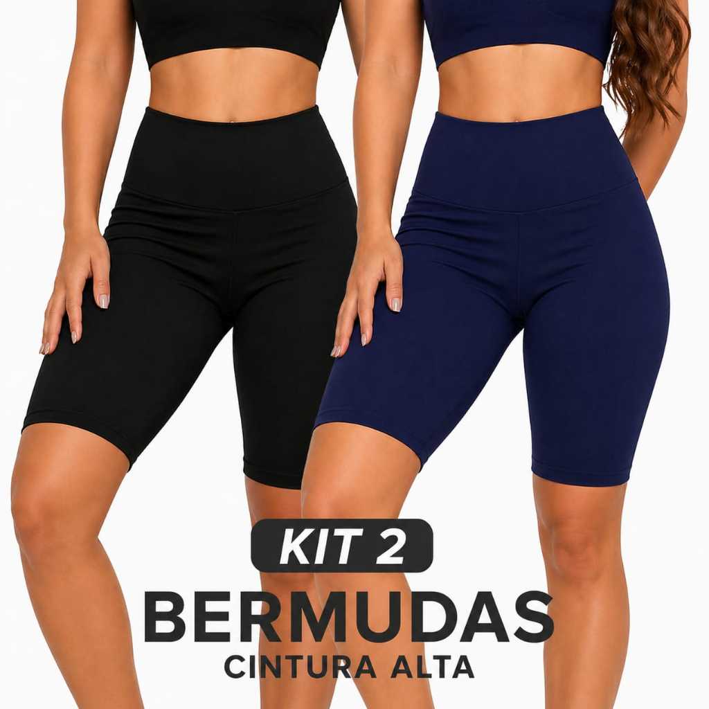 Kit 2 Bermudas Ciclistas Academia Legging Fitness Feminina Cós Alto Liso Bermuda