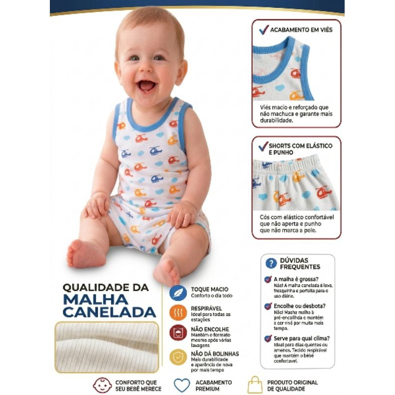 Conjunto Infantil Bebe Menino/ Pijama Verão Kit Regata + Shorts Estampado