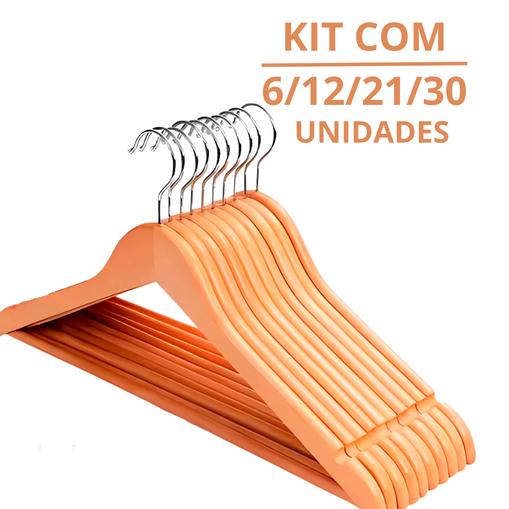 Kit 6/12/21/30 Cabides De Madeira Premium Marfim Para Roupas Calça Gancho Cromado