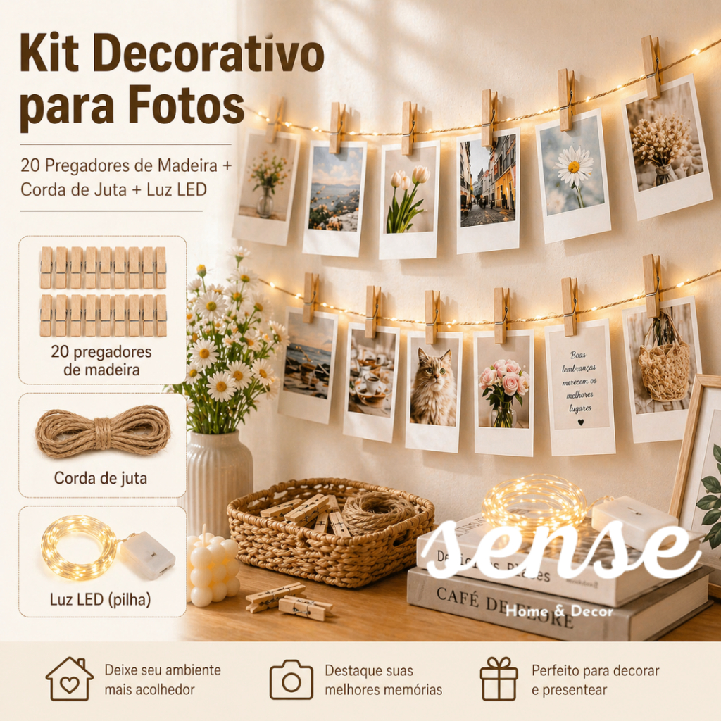 Kit Decorativo para Fotos com Fio de Fada 20 - Pregadores de Madeira + Corda de Juta 2m + LED 2m Decoração de Parede