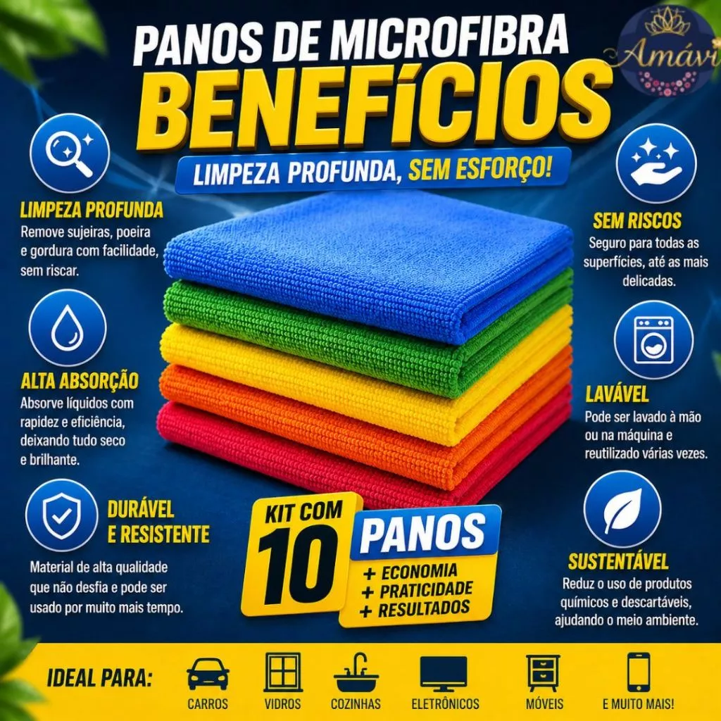 kit 10 Panos Microfibra Multiuso Alta Absorção Limpeza Alta Qualidade Cores Diversas — imagem 1