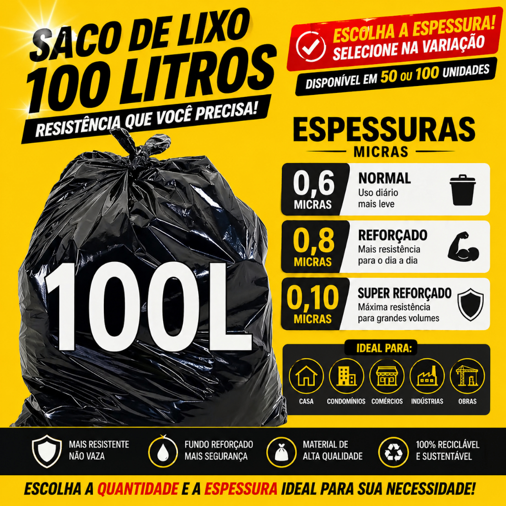 Saco de lixo 100 Litros reforçado preto 75x90cm