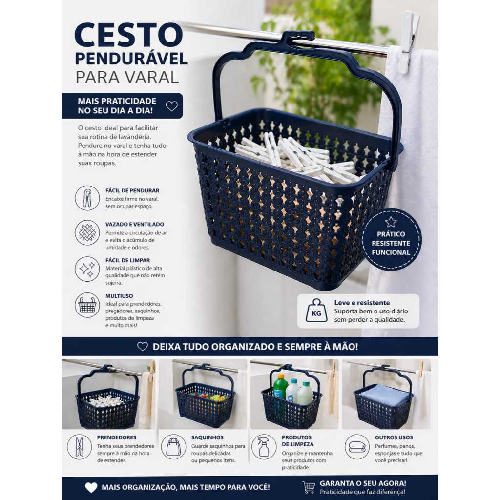 Cesto Para Prendedor de Roupas com Alça Pendurável Organizador Lavanderia Porta Pregador