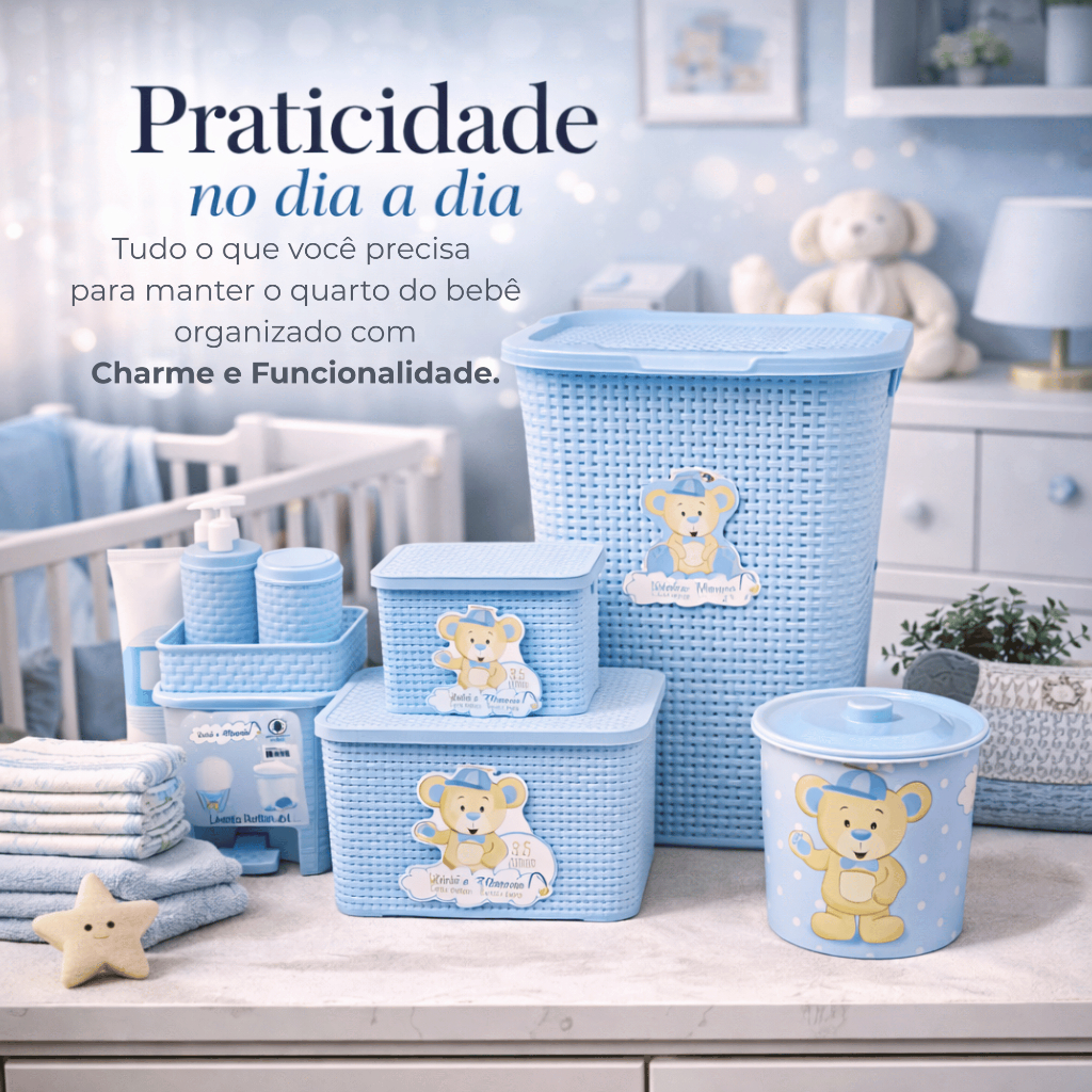 Kit Quarto Bebê Rattan Completo Cesto Lixeira e Caixas Organizadoras