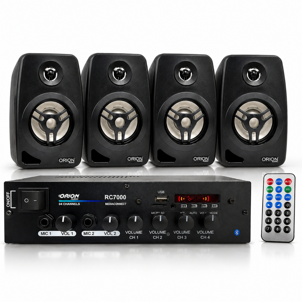 Kit Som Ambiente Profissional 500W Bluetooth + 4 Caixas | Ideal para Loja, Igreja, Bar e Residência
