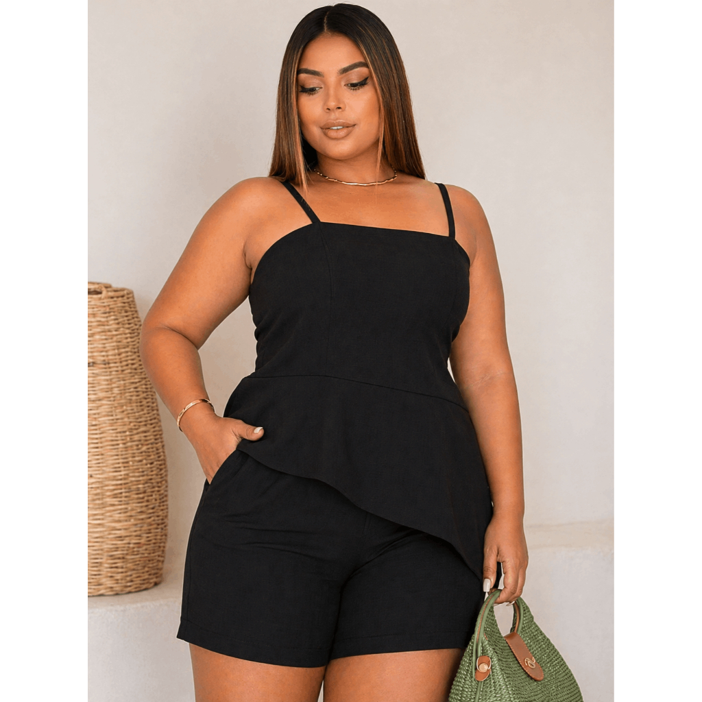 Conjunto Feminino Lua Assimétrico Tecido Duna Plus Size Blusa Short Curto Alças Reguláveis Moda Mulher Verão