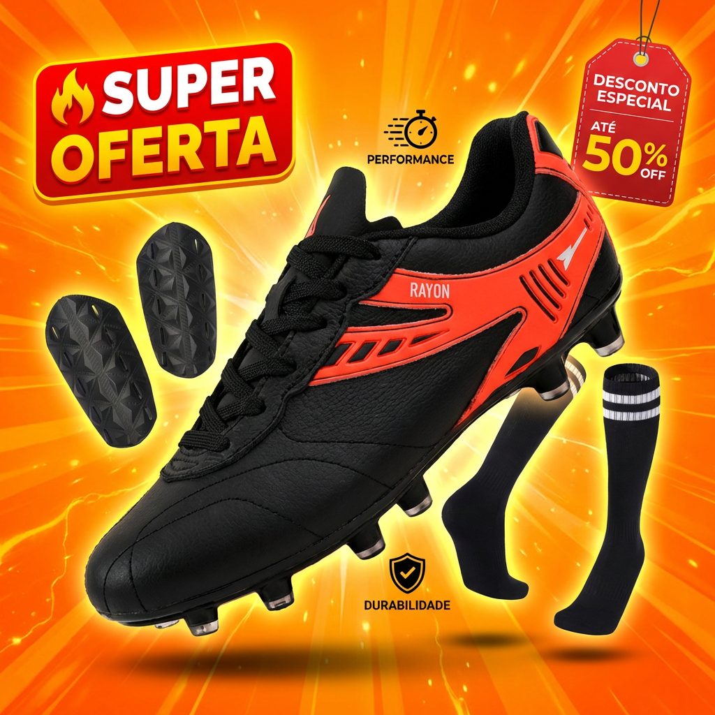 Chuteira Campo Profisional Couro 100% Legítimo + Caneleira + Meião Costurada R416-03