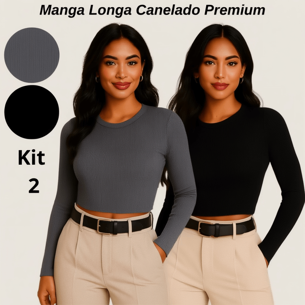 Kit 2 Blusa Canelada Manga Longa Gola Redonda Confortável Casual Feminina Outono Inverno