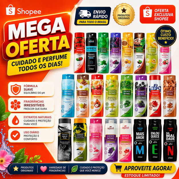 Mega Oferta Sabonete Íntimo Feminino 200ml APINIL -  Fragrâncias Refrescante