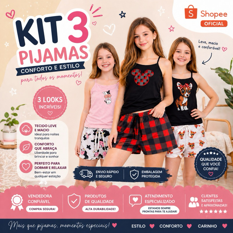 Kit com 3 Pijamas 12-14 -16 Juvenil Feminino | Conjunto Short Doll Verão | Leve, Confortável e Macio Sortido