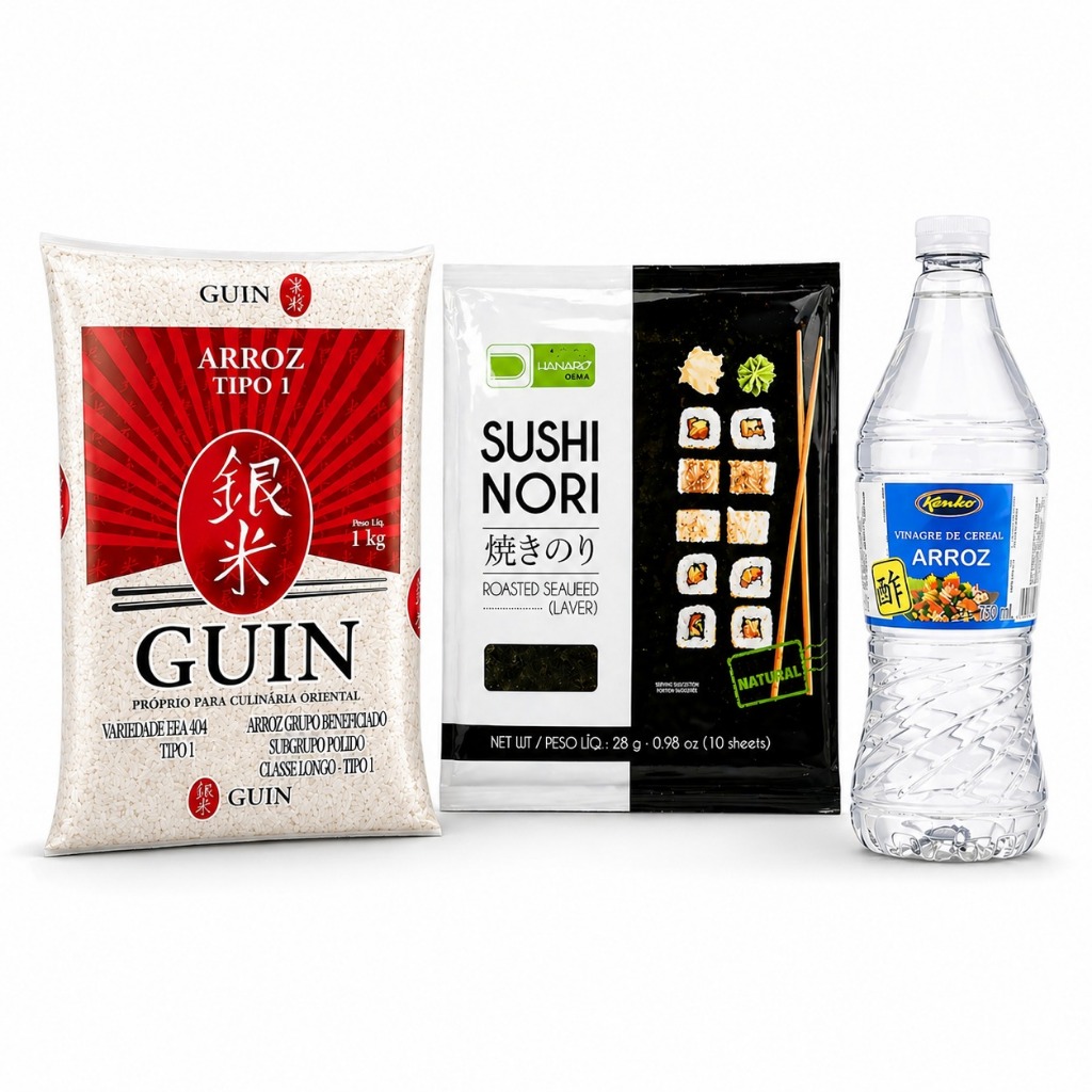 Kit Sushi Simples Arroz Guin Grão Longo 1kg + Alga Nori 10 Folhas + Vinagre de Arroz Kenko 750 ml