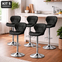 Kit 5 Banqueta Slim Estofada Giratória c/ Regulagem Cozinha Sala Escritório Clínica Salão Conforto