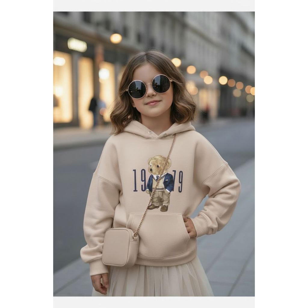 Moletom Infantil Com Capuz Flanelado Menina Urso Bear Tendencia Outono/Inverno Bege 02 ao 14 Envio Imediato