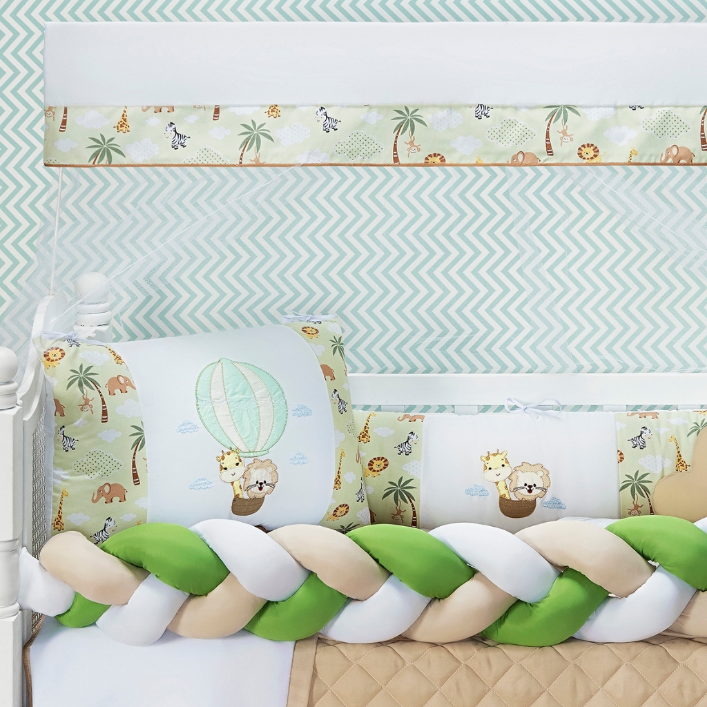 Kit Berço Safari Balão Verde Azul Rosa 6 Peças | Padrão Nacional/Americano/Mini Berço |Menino Menina