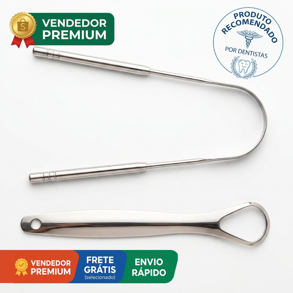 Conjunto Kit Raspador de Língua Aço Inox Higiênico Anti Mau