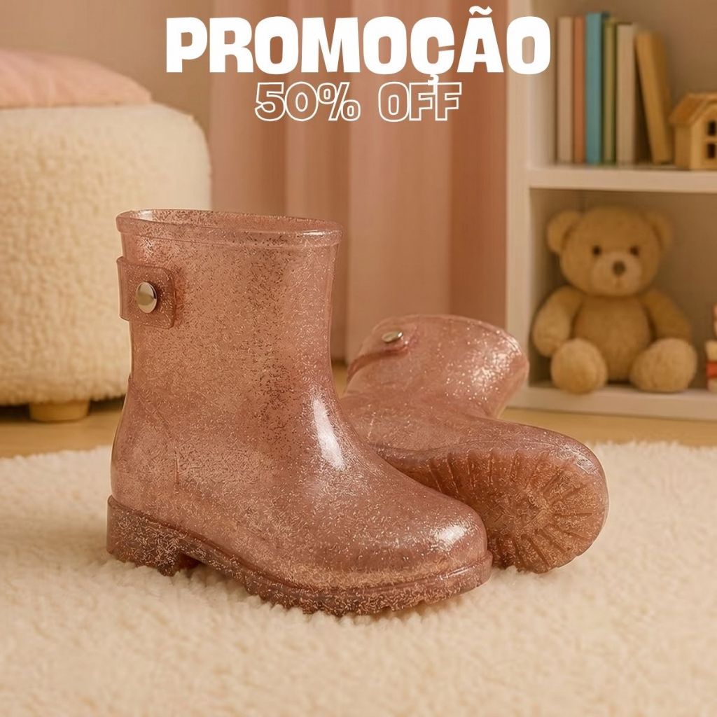 Galocha Infantil Menina Menino Glitter Para Chuva Confortável Com Personagem Tamanhos 21 ao 27
