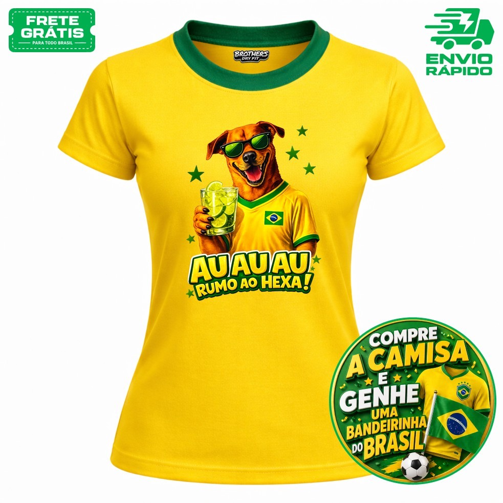 Camisa Camiseta T-shit Baby Look Feminina CACHORRO CARAMELHO RUMO AO HEXA Futebol do Brasil  2026