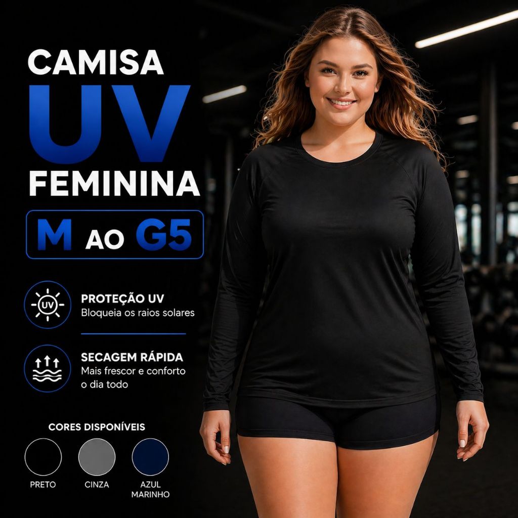 Camisa Proteção Plus Size Solar Feminina UV lisa - segunda pele. proteção uv cores blusa lisa
