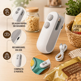 Mini Seladora Portátil Recarregável USB Com Selagem Eficiente Acompanha Carregador 2 em 1…
