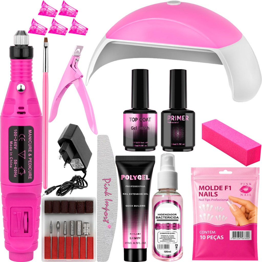 Kit Polygel Completo Cabine Mini G 48W LED UV Unhas Poligel Lixadeira Elétrica Caneta Manicure