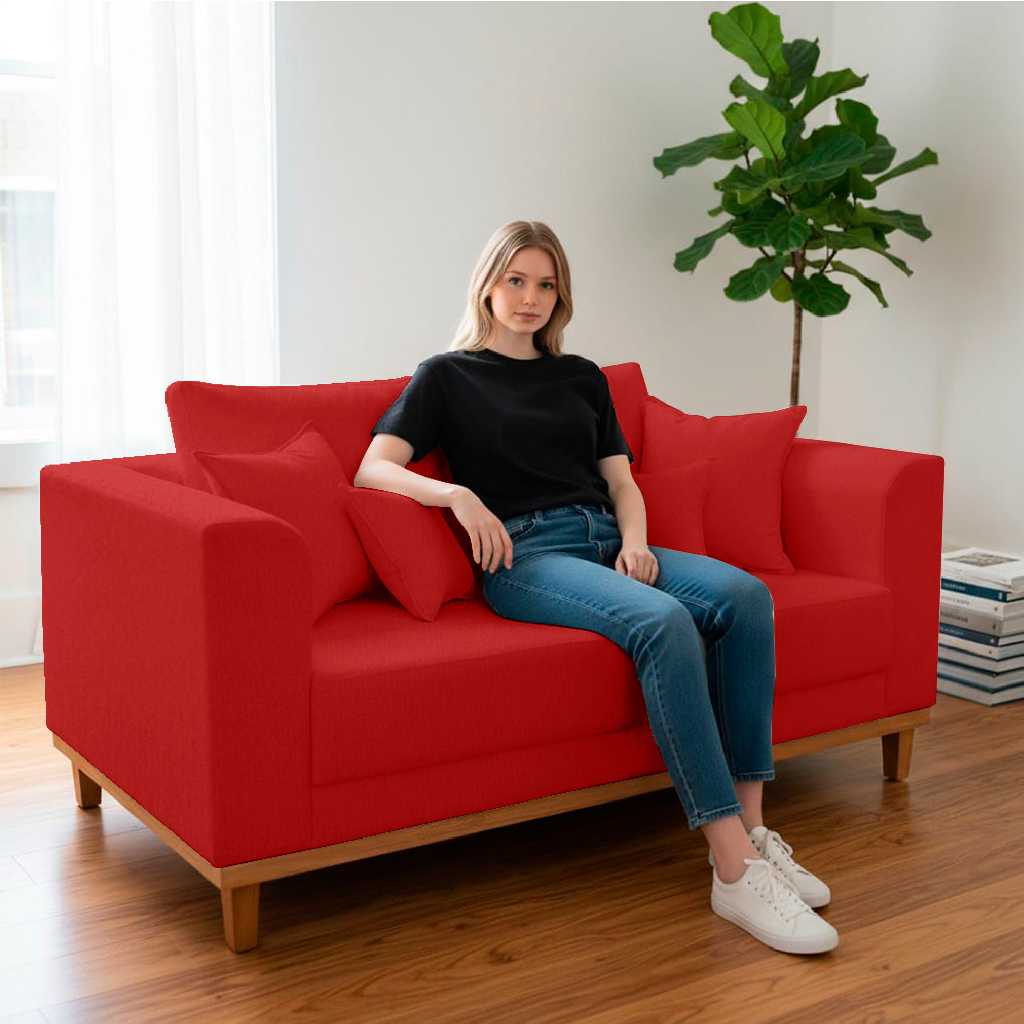 Sofá Sala de Estar 02 Lugares Beny Suede Vermelho Madeira Estofados