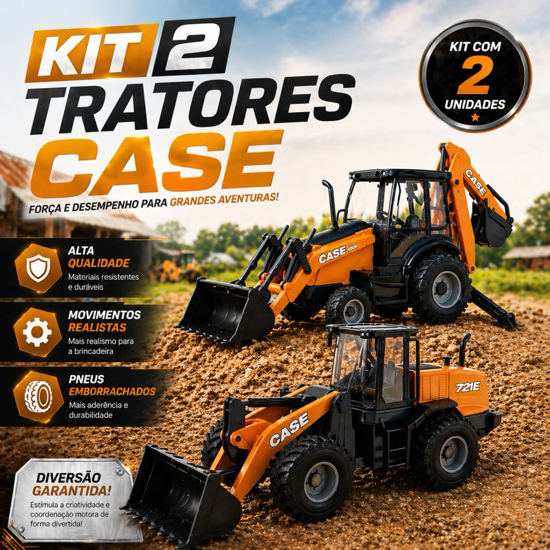 Kit Trator Pá Carregadeira Case 721e + Retroescavadeira Case 580n 1:26 Miniatura