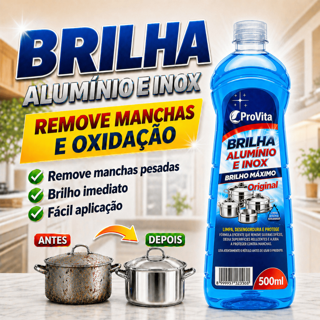 Imagem Limpa Alumínio e Inox ProVita 500ml Brilha Panelas Fogão Utensílios Remove Crostas Manchas Gordura