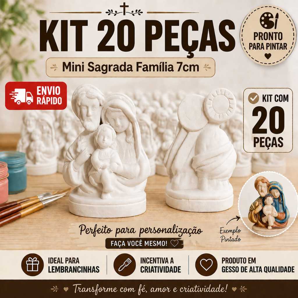 Kit com 20 Mini Sagrada Família 7cm em Gesso Cru, Lembrancinha de Casamento e Batizado