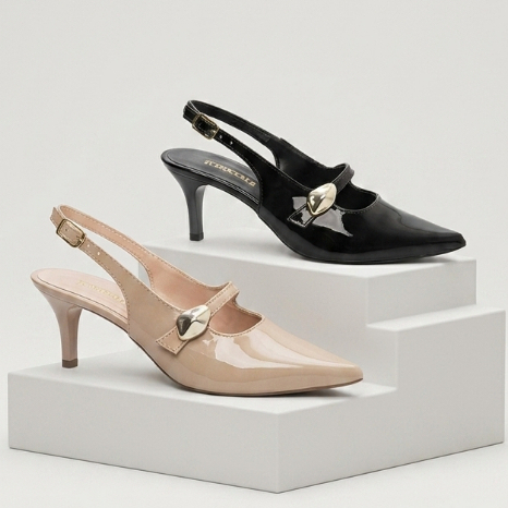 Scarpin Slingback Salto Baixo Fino 6cm Verniz Preto Bege Enfeite Sapato Feminino Elegante Confortável Social Torricella