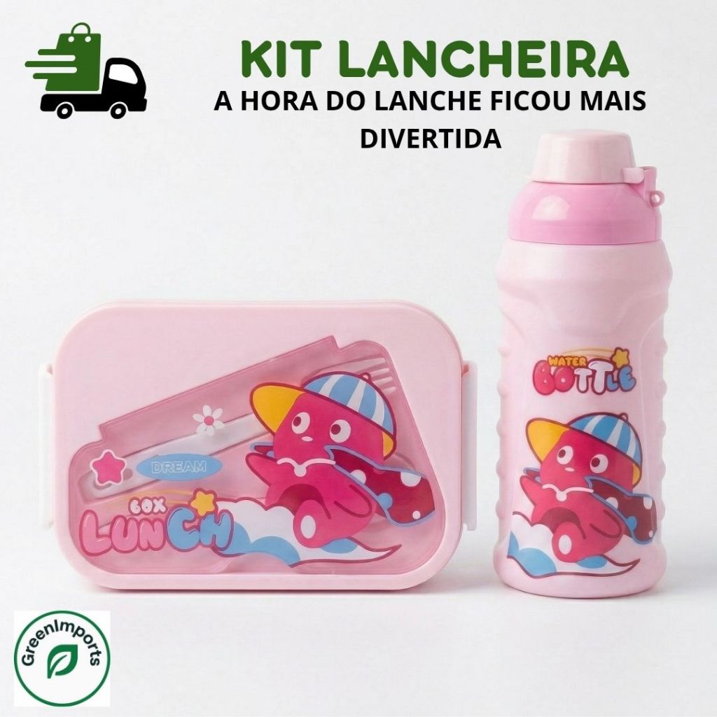 Kit Lancheira Infantil Escolar com Garrafinha Marmita Divisória Pote e Talheres Menina Escola- Box Lunch Rosa ou Roxa