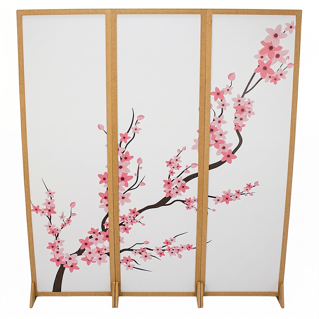 3 Biombo Oriental Inteiro Pé Divisor Ambiente Japonês Painel Divisória Folha Separador Flor Sakura Cerejeira Madeira Mdf