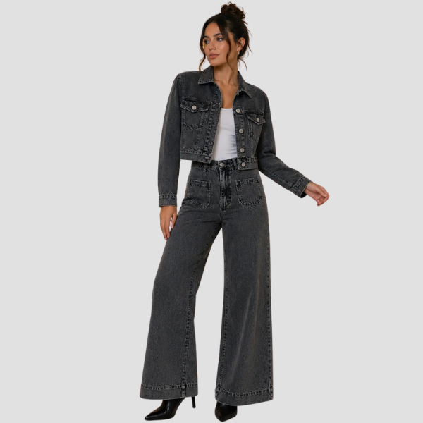 Conjunto Jeans Black Feminino Colete + Calça Wide Leg Elegante Design Social Casual Sofisticado
