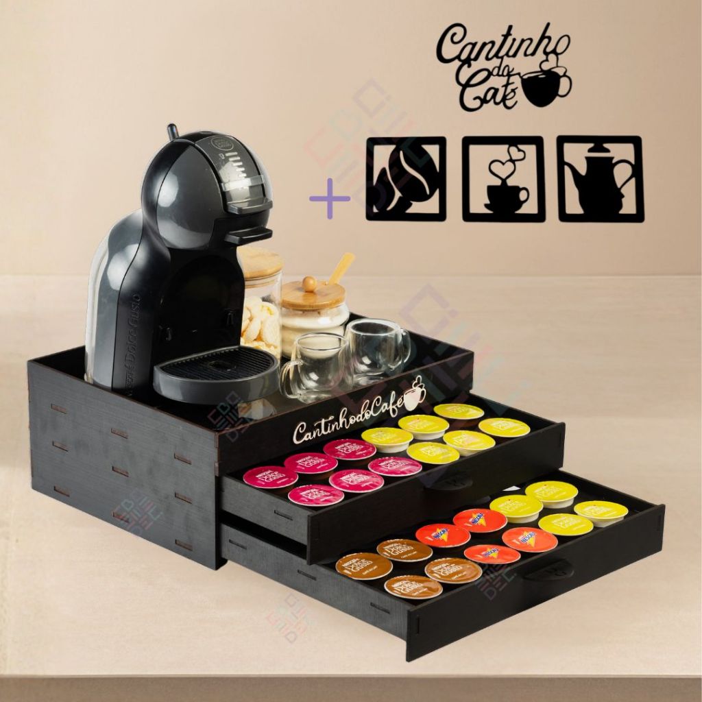 Bandeja Porta Capsulas Dolce Gusto Decorativa 48 Caps Suporte 2 Gavetas 3 corações Nespresso Em MDF