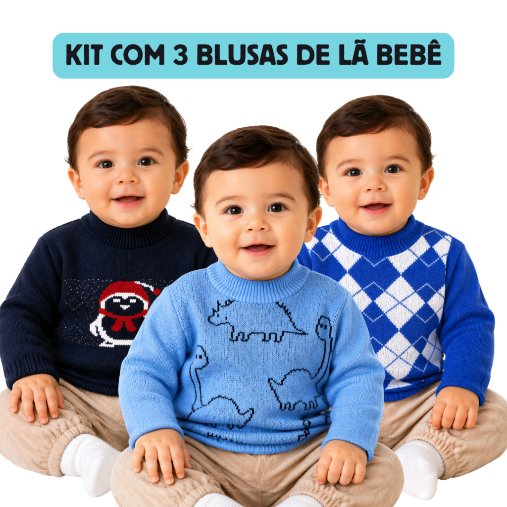 Kit com 3 Blusas de Lã Bebê Menino Tricot de Qualidade
