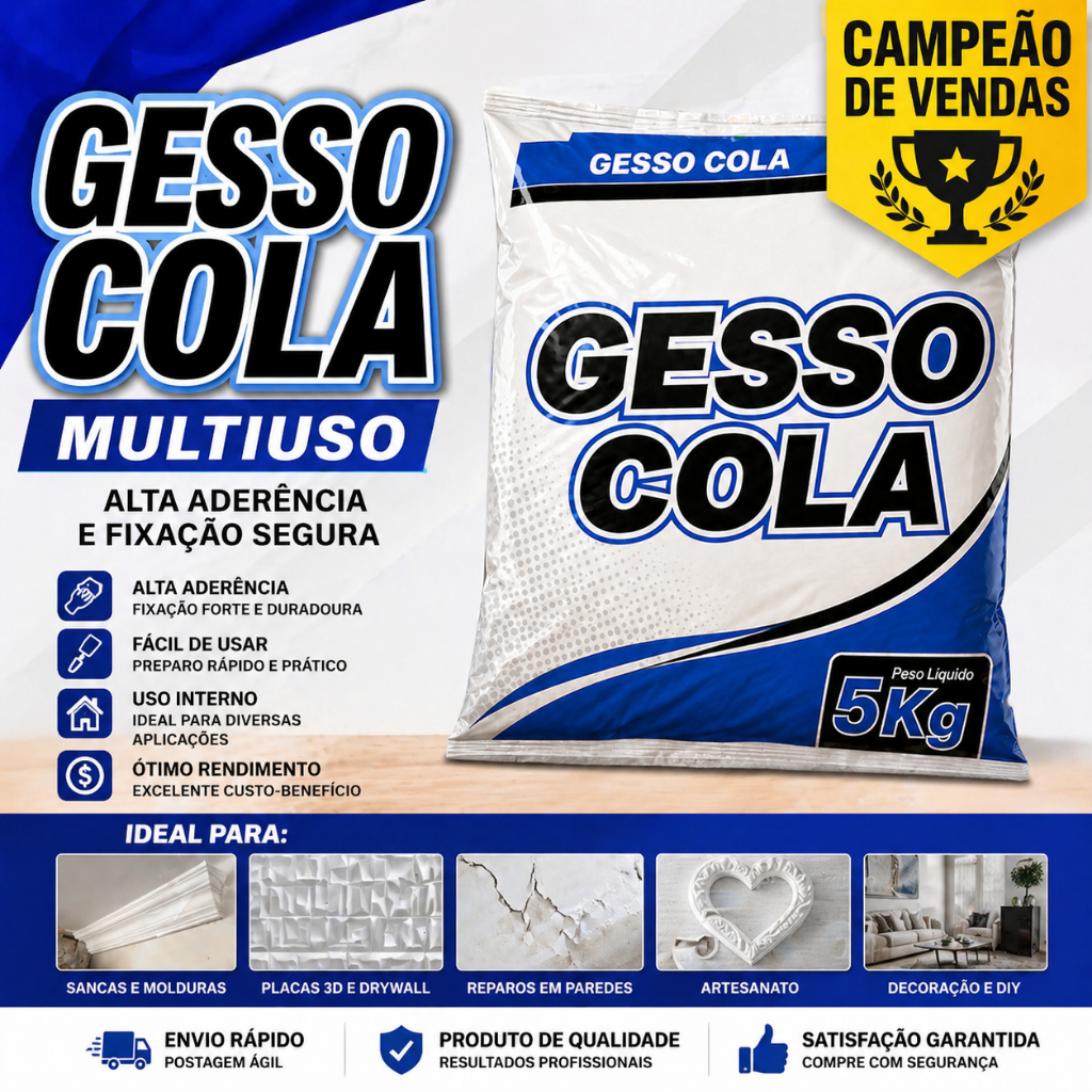 Gesso Cola Branco 5kg Multiuso Alta Aderência e Fixação para Construção Artesanato Placas 3D Molduras Drywall Reparos