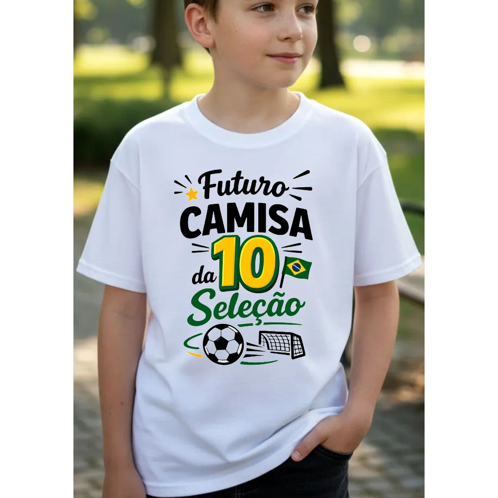 Camiseta Infantil Estampada, Camisa Branca - Futuro Camisa 10 da Seleção Brasileira