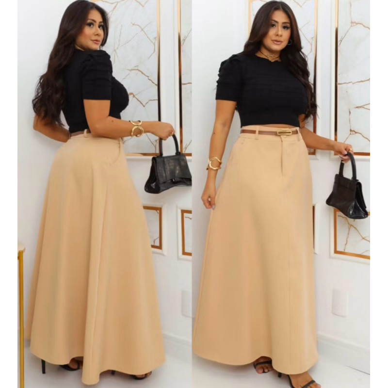 SAIA RODADA LONGA FEMININA ALFAIATARIA MODA EVANGÉLICA CASUAL BÁSICA INVERNO CINTURA ALTA ELEGANTE TENDÊNCIA