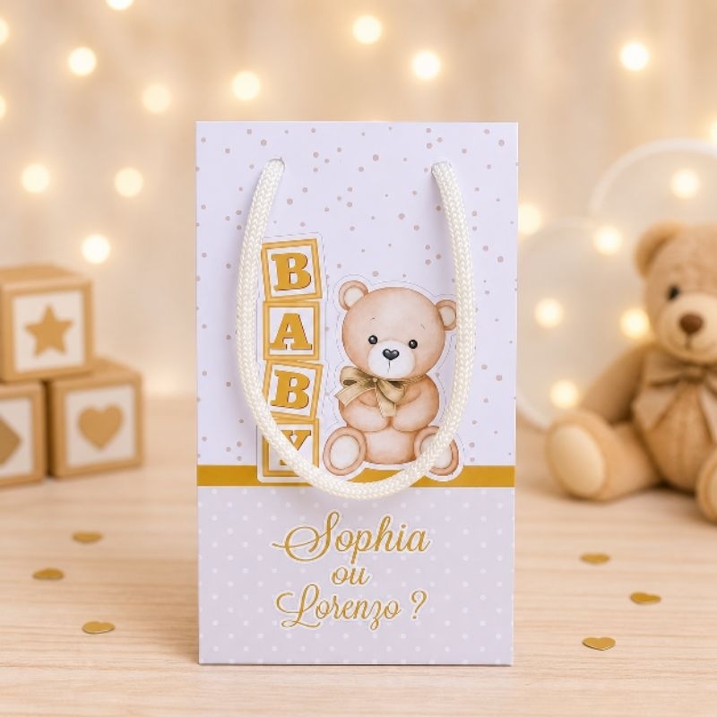 PEGUE E MONTE- Sacolinha Surpresa Chá Revelação Bege - Neutro - Personalizados - Lembrancinha - Festa - Decoração