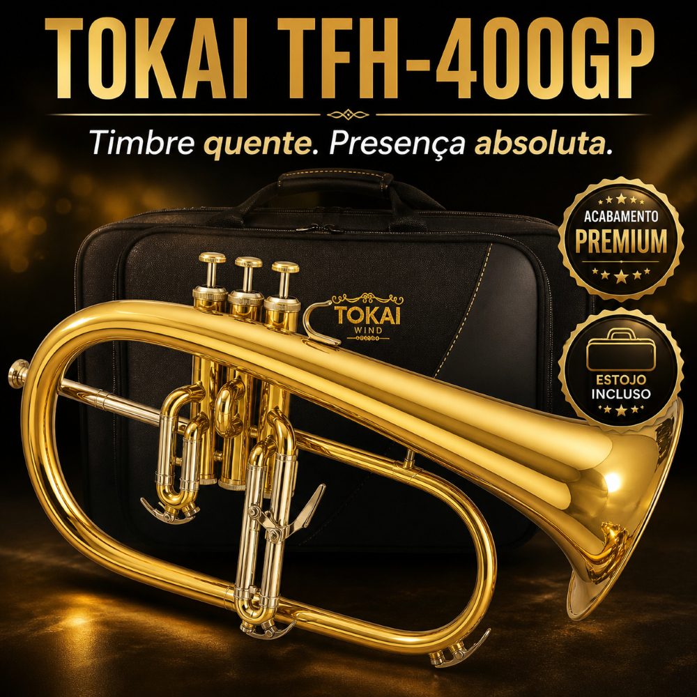 Flugelhorn Tokai TFH-400GP Si Bemol Bb Tricolor Profissional com Estojo Rígido Ideal Igreja Banda