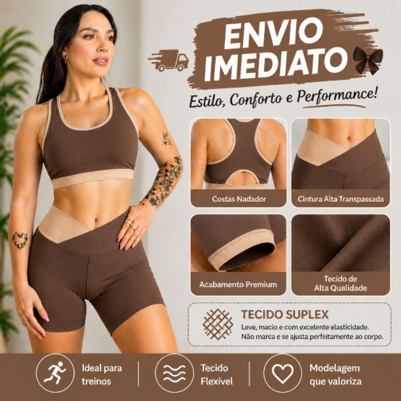 Conjunto Academia Bicolor Fitness Feminino Short + Top com Bojo Removível Alta Compressão e Zero Transparência