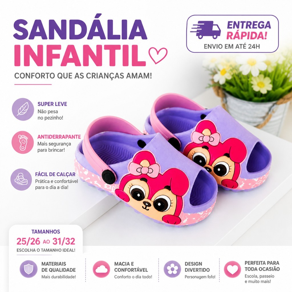 Sandália Infantil Tipo Crocs Personagem Menina Confortável Leve Antiderrapante Promoção