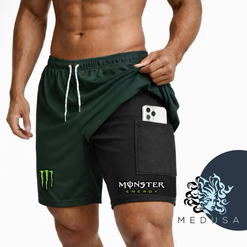 Bermuda Compressão 2em1 MONSTER Masculina DryFit + Elastano Ideal Academia Corrida Bike Crossfit