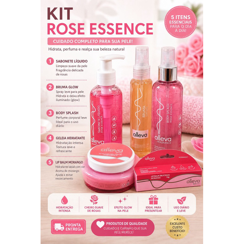Kit Presente Alleva Body Splash Sabonete Líquido Geleia Corporal Lip Balm e Bruma Glow