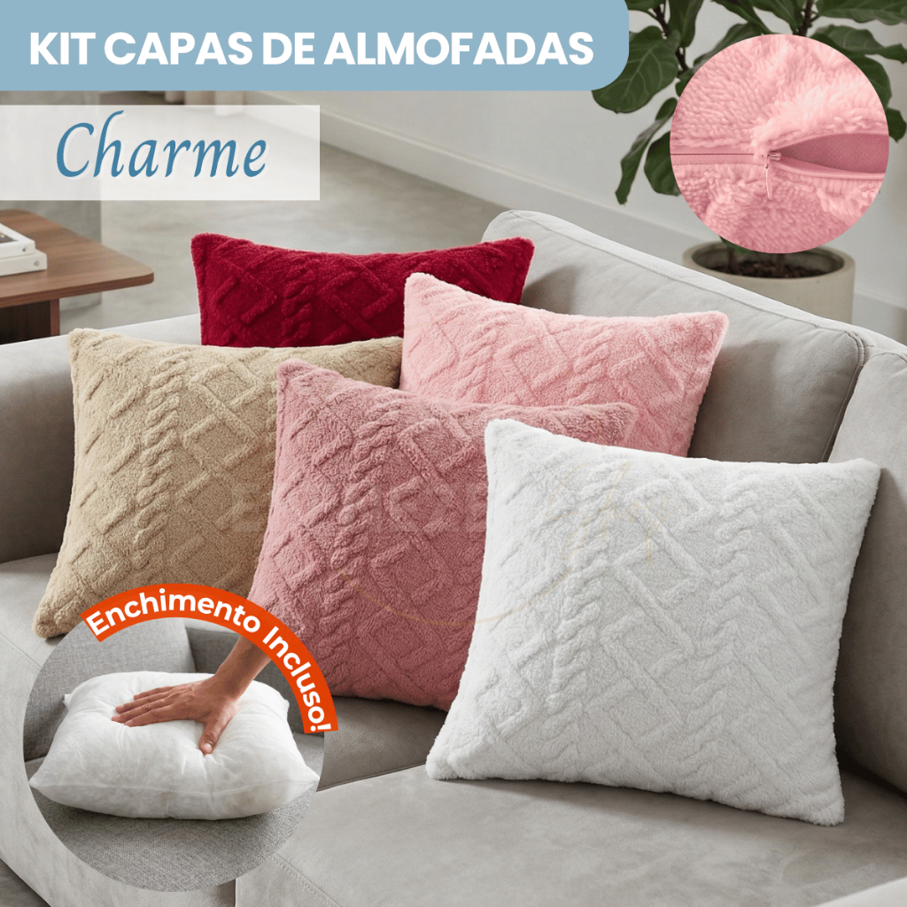 Kit Capas De Almofada 2 E 4 Unidades + Enchimento Charme Pelúcia Wave Soft Toque Aveludado Premium