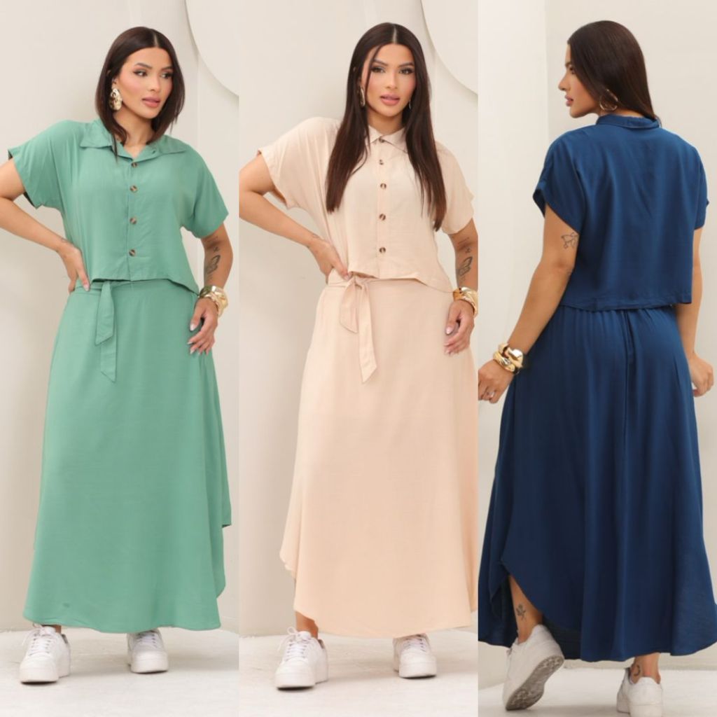 Conjunto Feminino Alfaiataria Cropped e Saia Longa com Fenda Elegante