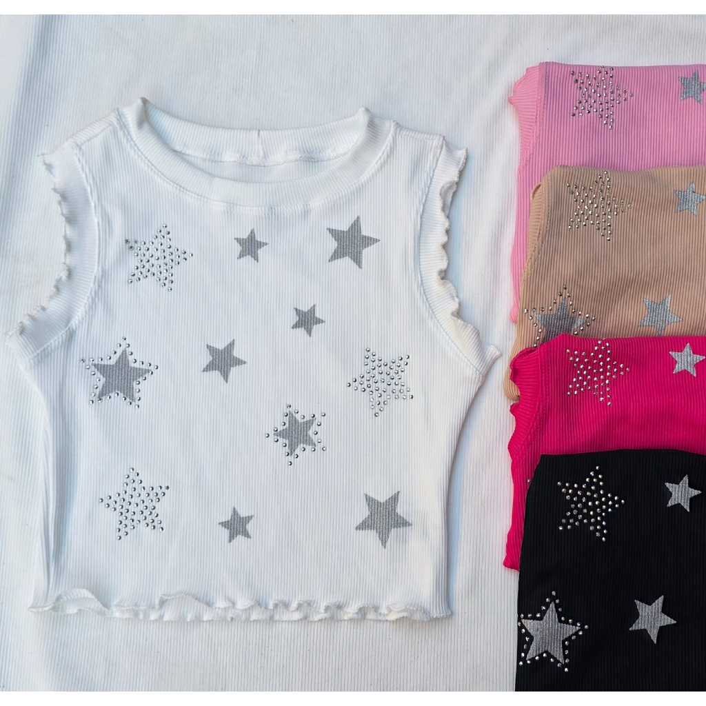 Regata Cropped Infantil Canelada Ribana com Estrelas e Strass