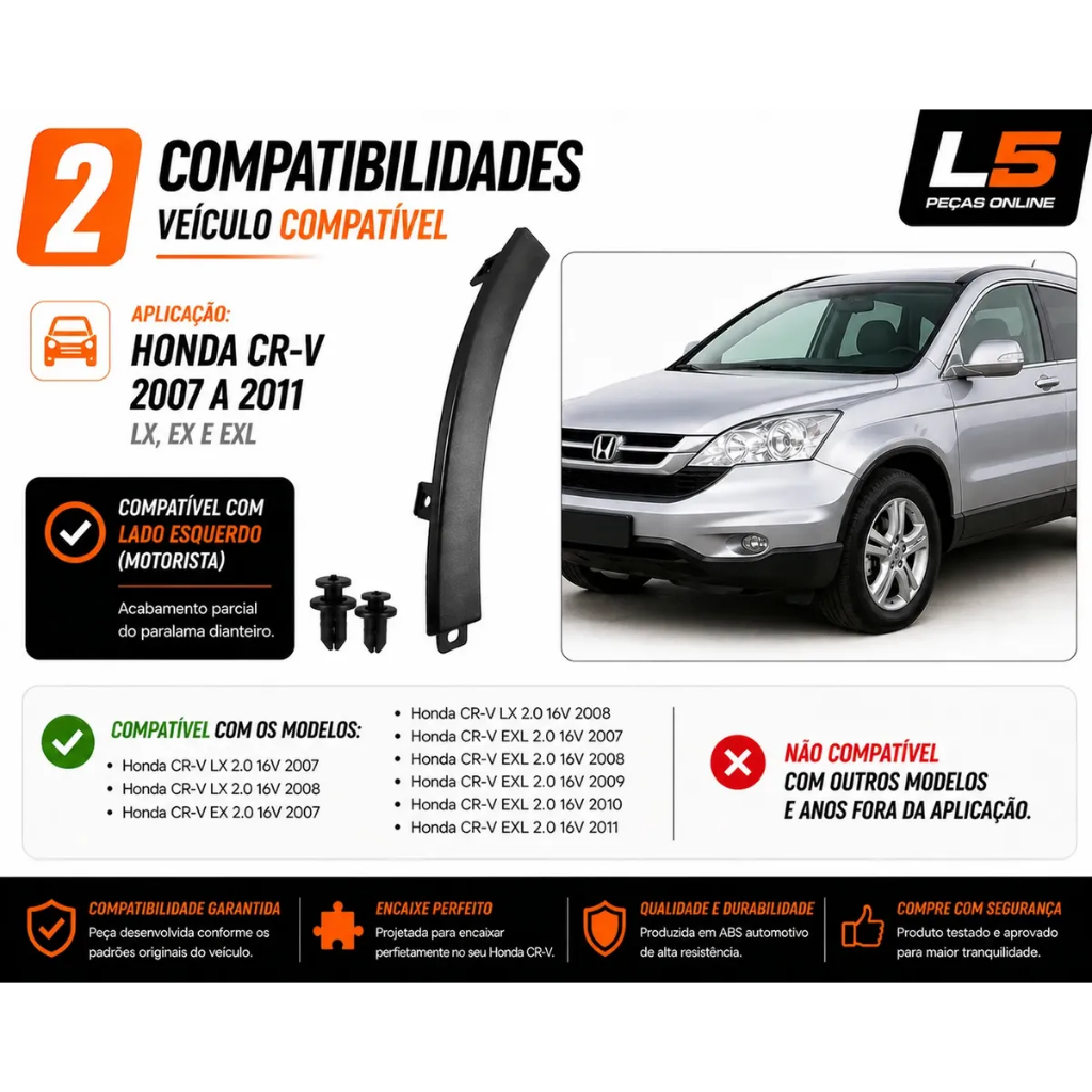 Moldura Lateral Parachoque Dianteiro Honda CRV 2007 A 2011 Lado Esquerdo Preto Encaixe Original